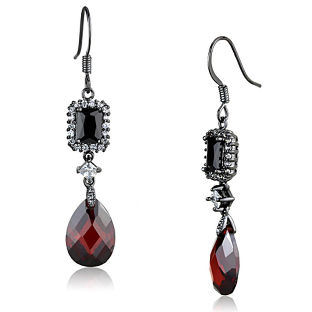 JCE706 Ruthenium Brass Earrings with AAA Grade CZ  in Garnet