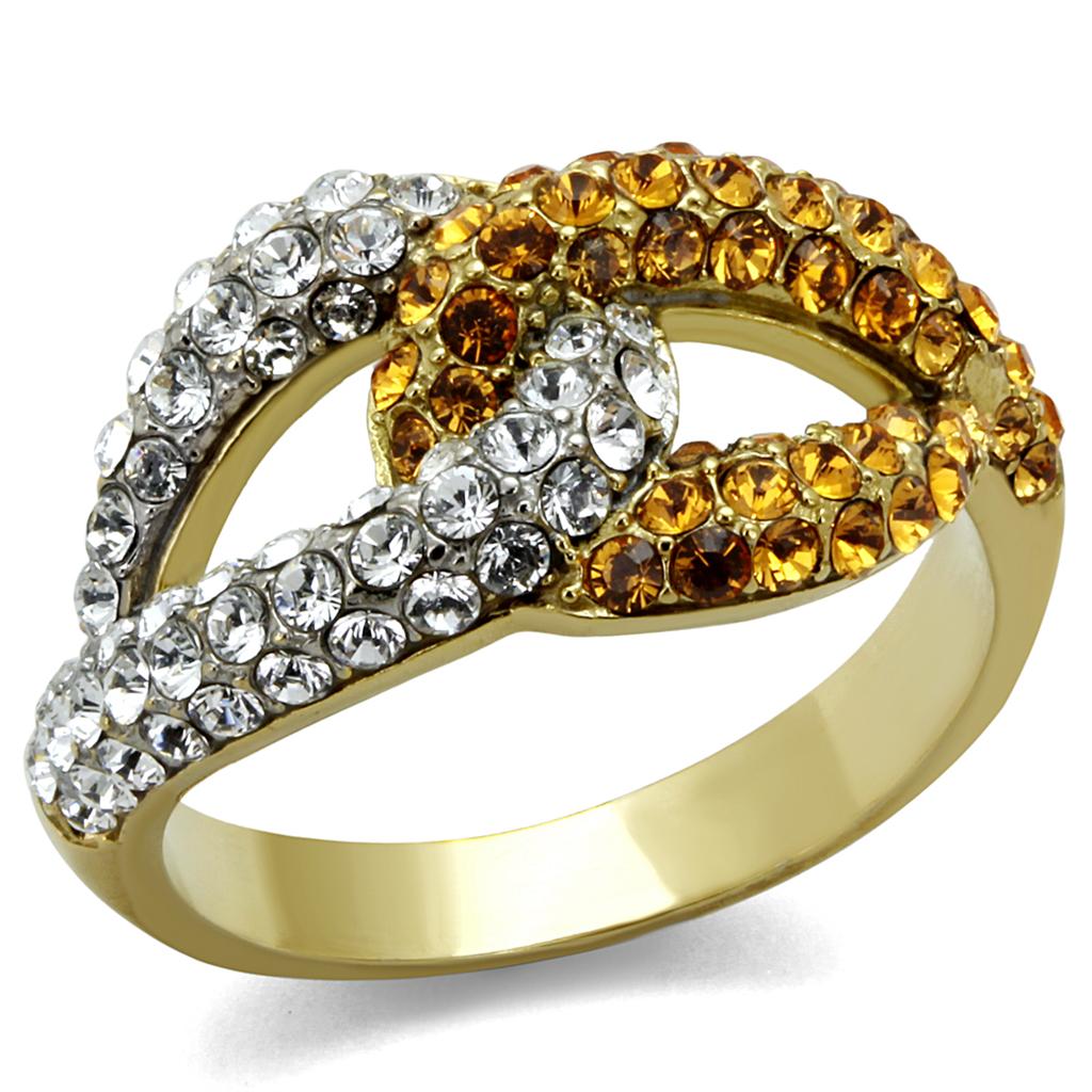 JCE2251 Two-Tone IP Gold (Ion Plating) Stainless Steel Ring with Top Grade Crystal  in Topaz