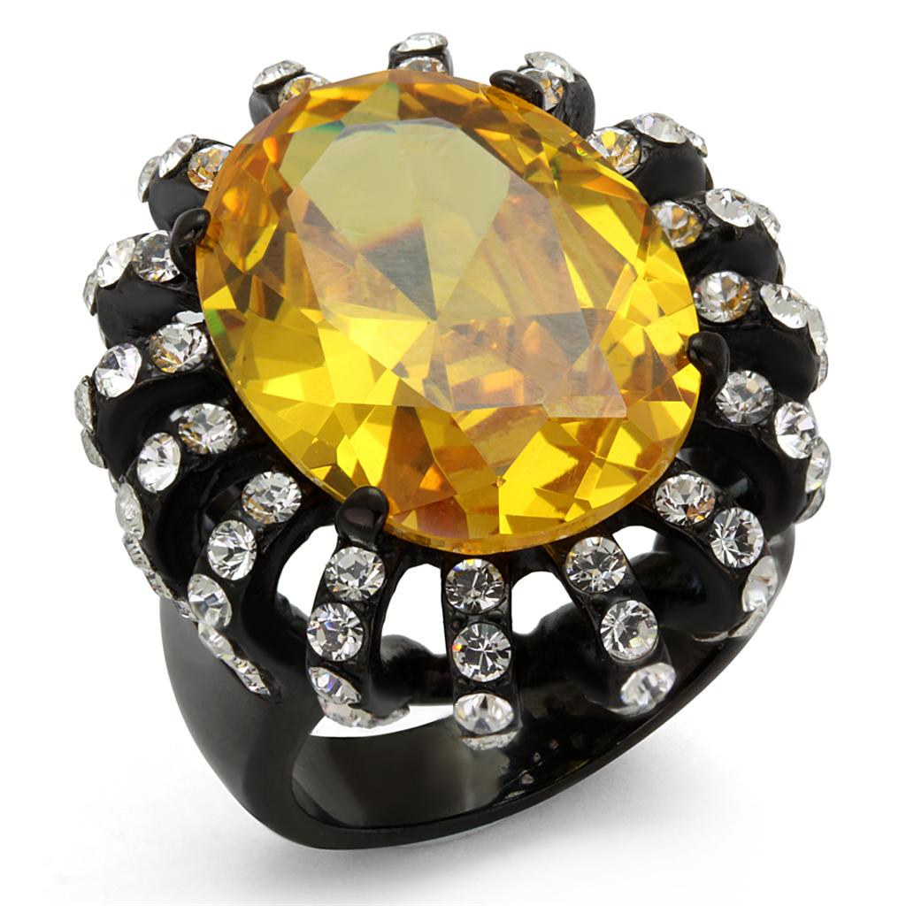 JCE2346 IP Black(Ion Plating) Stainless Steel Ring with AAA Grade CZ  in Topaz