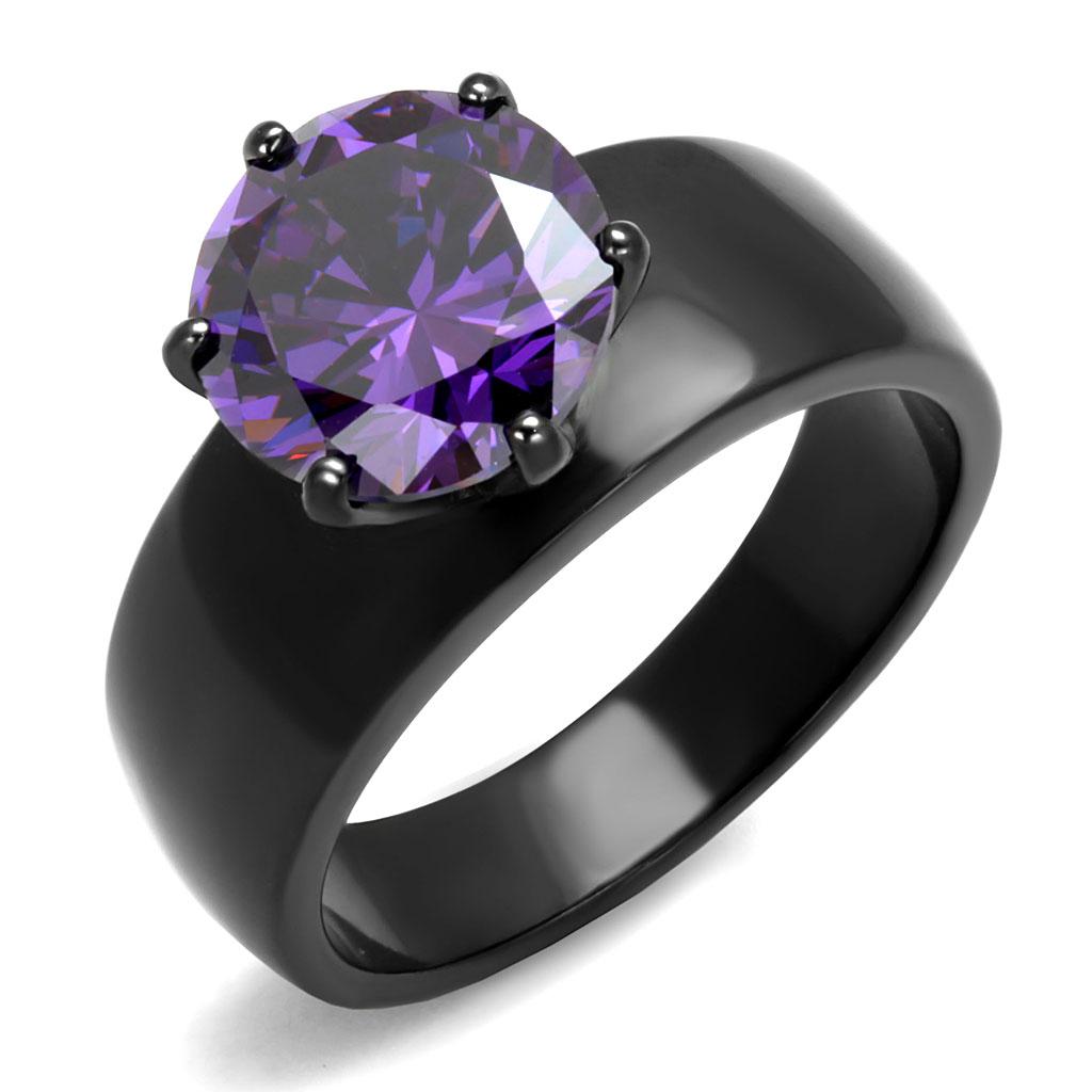 JCE2999 IP Black(Ion Plating) Stainless Steel Ring with AAA Grade CZ  in Amethyst