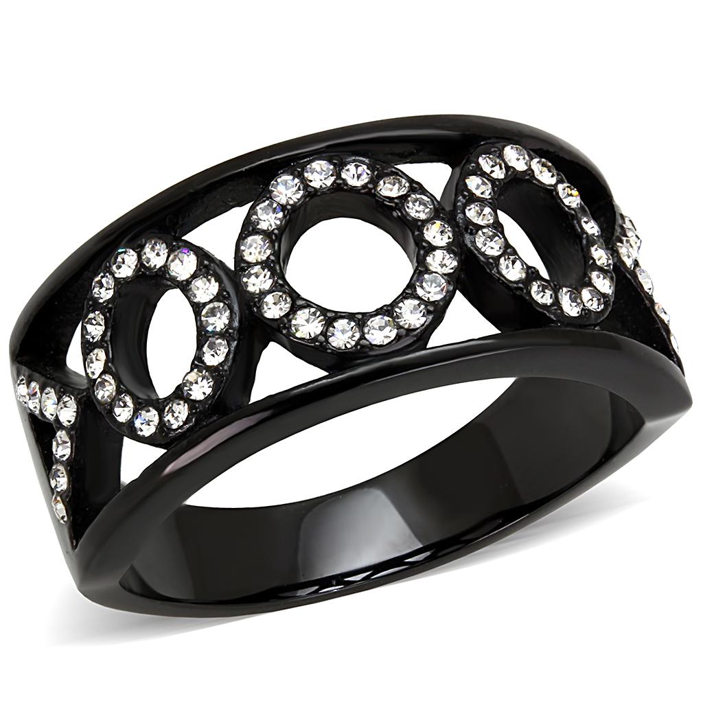 JCE3046 IP Black(Ion Plating) Stainless Steel Ring with Top Grade Crystal  in Clear