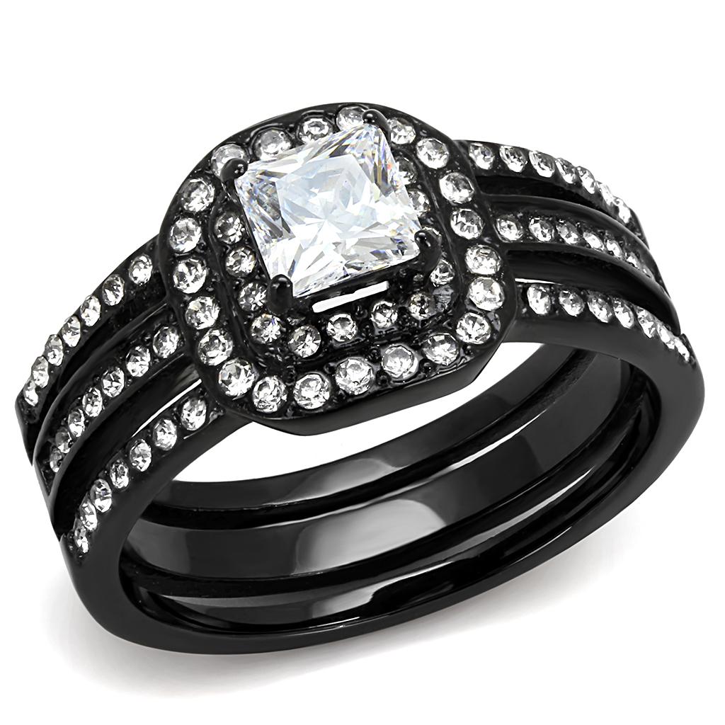JCE3048 IP Black(Ion Plating) Stainless Steel Ring with AAA Grade CZ  in Clear