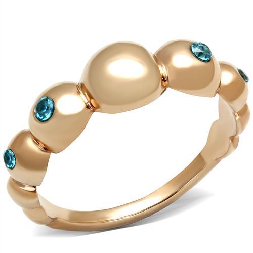 JCE3088 IP Rose Gold(Ion Plating) Stainless Steel Ring with AAA Grade CZ  in Sea Blue