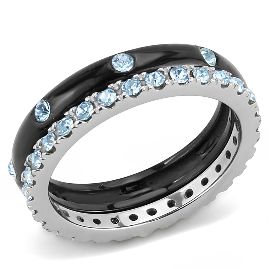JCE3233 Two-Tone IP Black (Ion Plating) Stainless Steel Ring with Top Grade Crystal  in Sea Blue