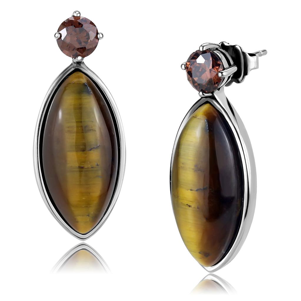 JCE3488 High polished (no plating) Stainless Steel Earrings with Semi-Precious Tiger Eye in Topaz