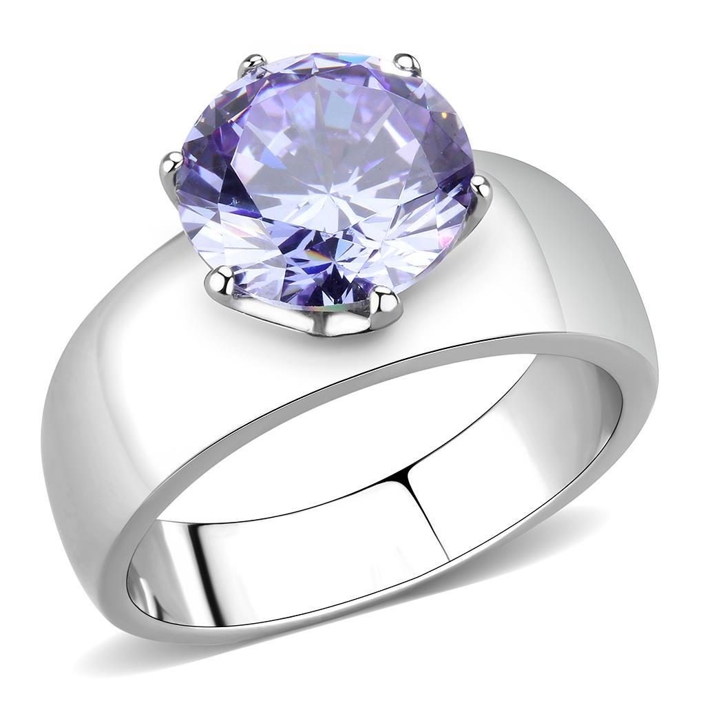 JCE52006 High polished (no plating) Stainless Steel Ring with AAA Grade CZ  in Light Amethyst