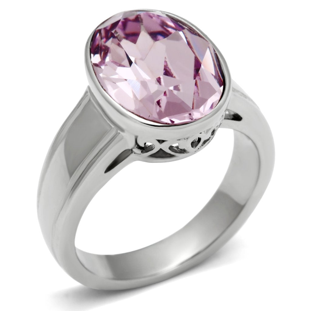 JCE522 High polished (no plating) Stainless Steel Ring with Top Grade Crystal  in Light Amethyst