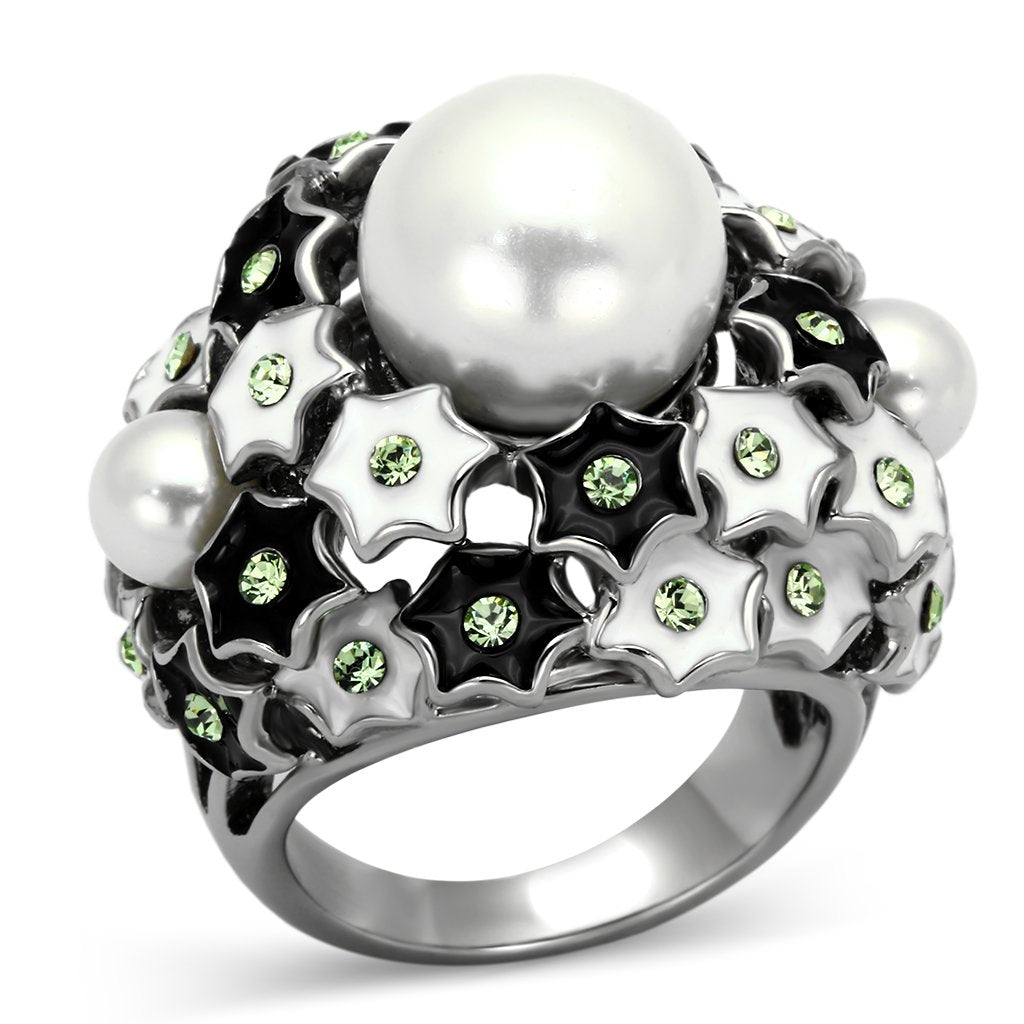 JCE818 High polished (no plating) Stainless Steel Ring with Synthetic Pearl in White